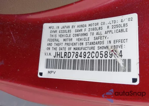2002 Honda Cr-V Lx from USA, damaged, VIN JHLRD78492C058964